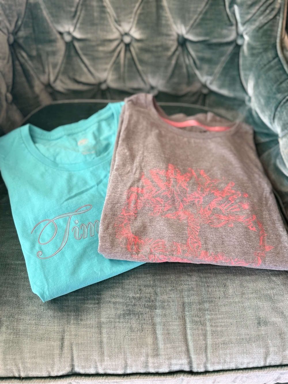 Timberland Short-Sleeve Tees in Aqua and Gray with Pink Graphic